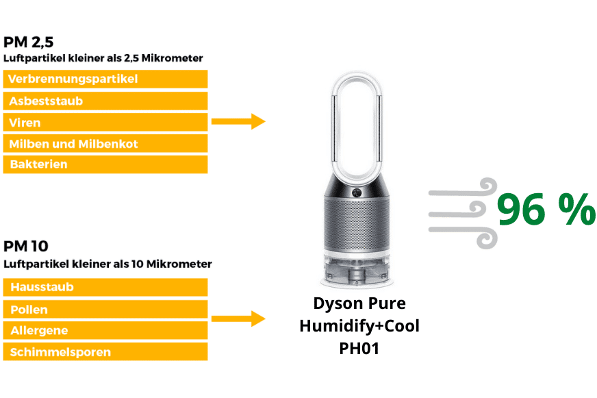 Links ist aufgelistet, was unter die PM Kategorie fällt. Rechts ist die Gesamtprozentzahl zu sehen, die der Dyson Pure Humdify + Cool PH01 bereinigt hat